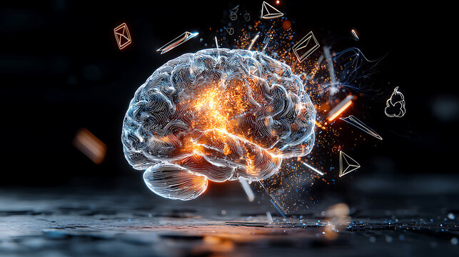 Explosive brain activity visualization digital realm graphic illustration futuristic environment close-up view cognitive science concept