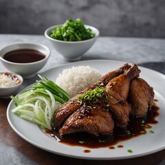A plate of meat with figs and herbs on it. Generative AI.K&ouml;fte - Grilled meatballs made from minced lamb or beef mixed with spices and herbs.