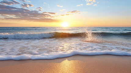 serene sunset over ocean with gentle waves and splashes