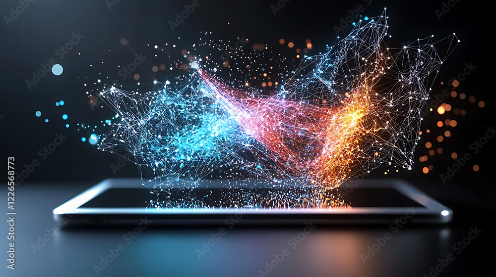 Poster dynamic digital artwork display virtual space 3d visualization futuristic environment close-up view 