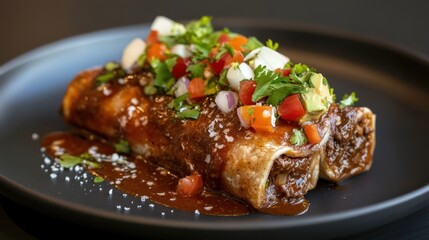 Fototapeta premium Delicious mexican enchiladas with colorful salsa, cilantro, and savory sauce on black plate