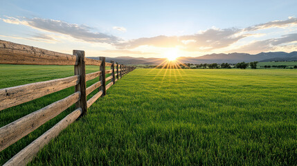 Fototapeta premium rustic fence line with vibrant green grass at sunset, creating serene landscape