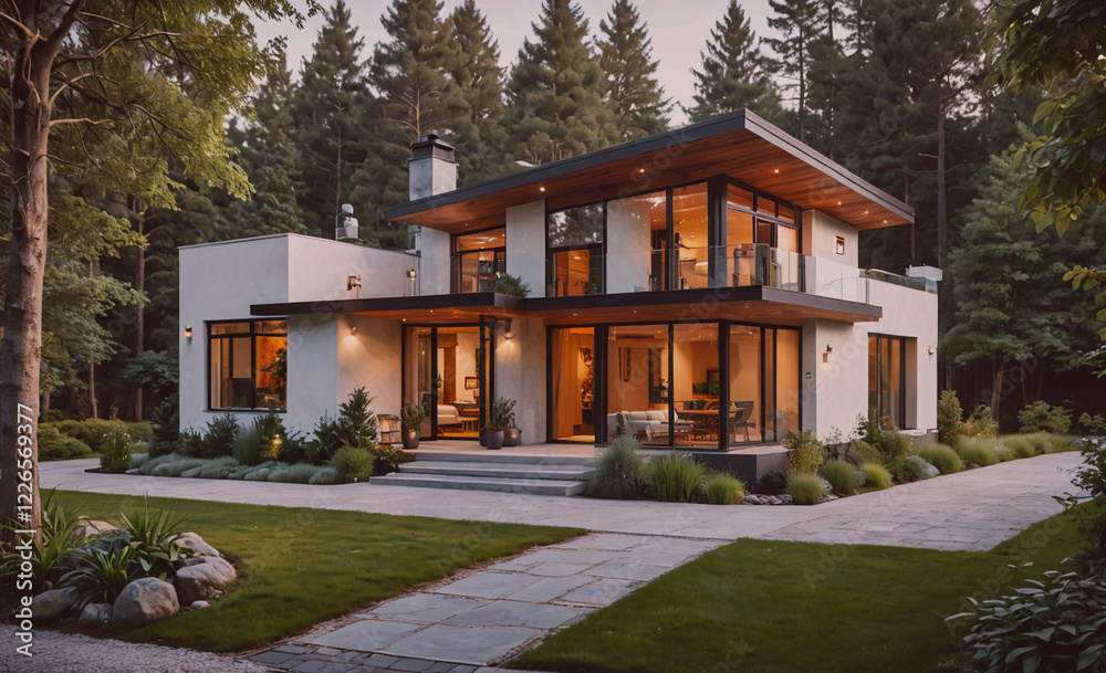 Poster A large house with a large yard and a walkway. The house is surrounded by trees and has a modern design