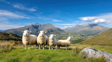 Fototapeta premium scenic view of sheep on hillside with rolling mountains in background