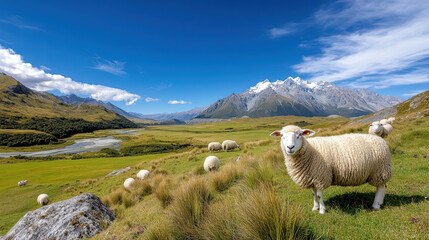 Fototapeta premium scenic view of sheep grazing on hillside with majestic mountains