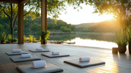 Fototapeta premium tranquil scene of yoga studio by lake at sunrise, featuring mats and towels