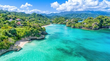 Tropical beach cove aerial view, turquoise water, lush hills. Ideal for travel brochures