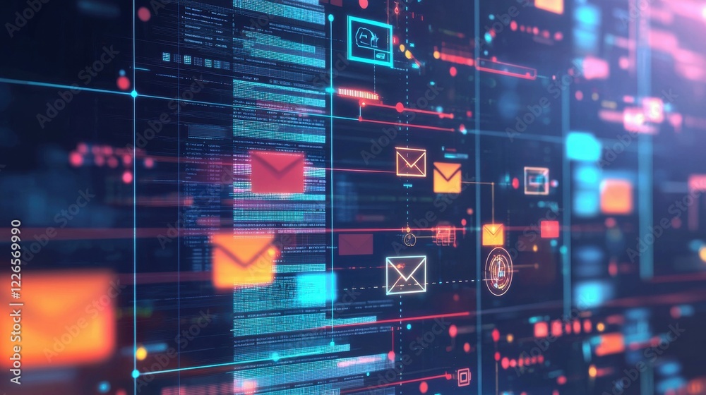 Poster digital communication network with email symbols and data visualization