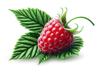 Vector illustration of one rasberry fruit close up with leaves and stem isolated on white background.