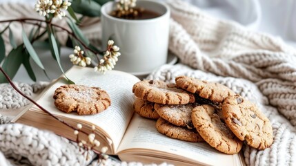 Fototapeta premium Jewish Book Week Cozy scene with cookies, open book, and cup of tea on knit blanket
