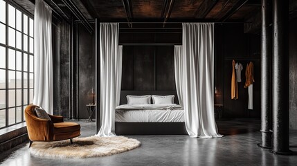 A moody and dramatic industrial-style loft bedroom featuring black steel