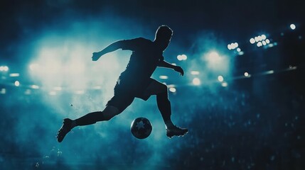 Naklejka premium Dynamic Soccer Player Leaping to Strike a Ball in a Dramatic Night Scene