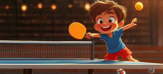 A little boy is playing table tennis. He was wearing a blue sportswear, holding a table tennis racket, and had an expression of excitement and concentration on his face.