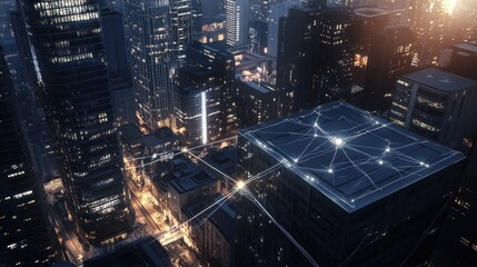 Futuristic Cityscape at Night with Network Connections and Glowing Lights in Urban Scene