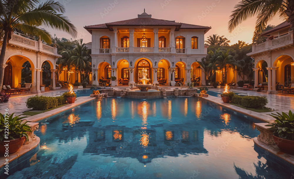 Aufkleber A large pool with a fountain in the middle of it. The pool is surrounded by a white house with a lot of windows. The pool is lit up at night, creating a warm and inviting atmosphere