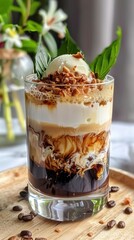 Layered iced coffee with cream, caramel, and shaved chocolate on wooden tray