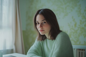 A young woman with brown hair, wearing a light green sweater, looks directly at the camera.