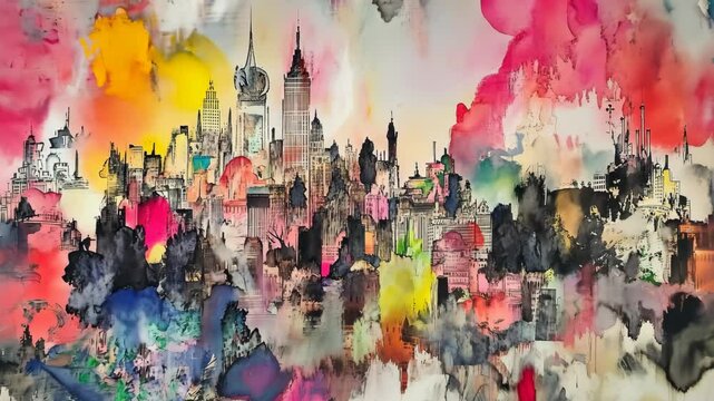 Colorful city skyline with abstract watercolor effects showcasing urban landscape at dusk