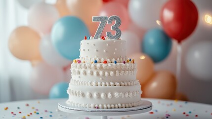 Vibrant 73rd birthday celebration with colorful balloons and cake