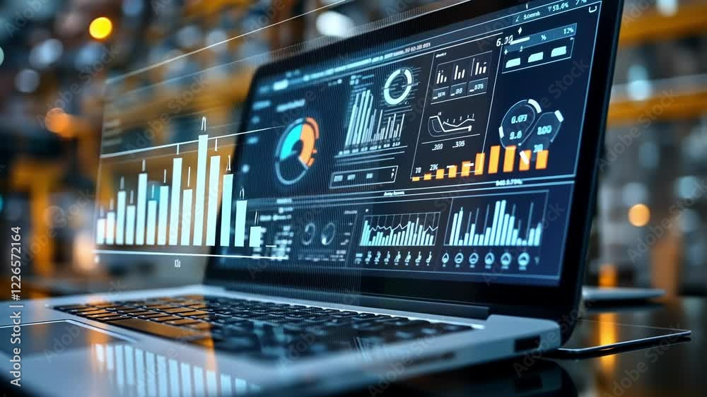 Poster open laptop displaying various graphs, charts, and data visualizations, suggesting monitoring and an