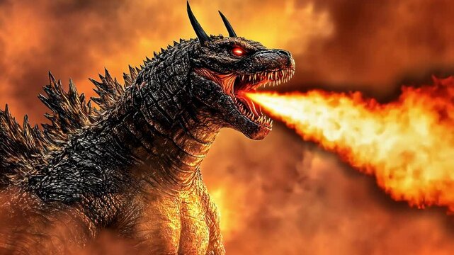 A fierce dragon-like creature breathes fire in a dramatic, fiery scene.