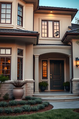 Obraz premium Luxury Home Exterior: Modern Architectural Design, Elegant Entrance, and Landscaping