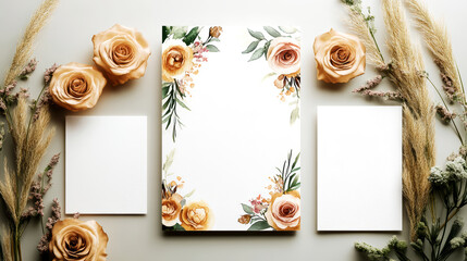 Invitation card flowers composition. Frame made of flowers on gray background, top view, copy space