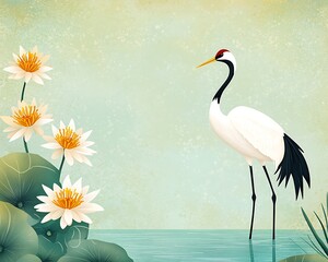 Obraz premium Elegant Crane and Lotus Flowers in Tranquil Setting