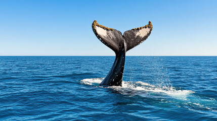 Obraz premium Diving whale tail creating bubbles in ocean under clear sky