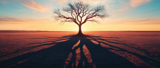 solitary tree stands against vibrant sunset, casting long shadows on ground, creating dramatic silhouette. scene evokes sense of tranquility and reflection