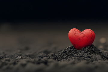 Fototapeta premium red heart on mound of dark soil symbolizes love and emotion