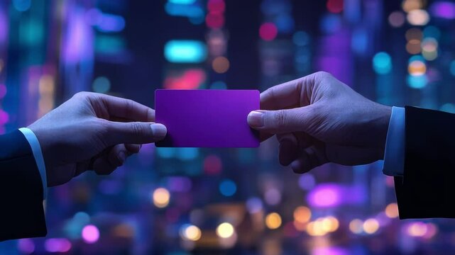 A vibrant card exchange between two hands in a neon-lit urban setting.