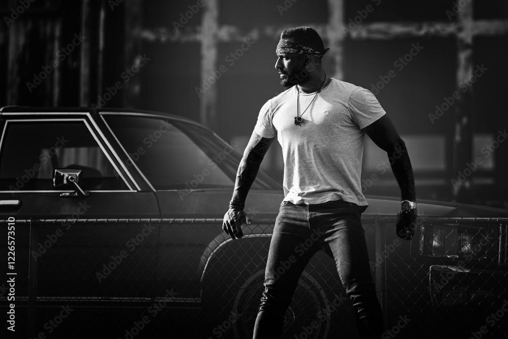 Wall mural Gangster on the street. Angry man posing near car on urban street. Dangerous aggressive guy. Criminal city. Danger american district. Aggressive angry man. Serious man, hipster look brutal. Mature man