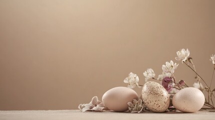 Obraz premium Easter eggs and flowers on a beige background