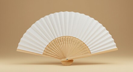 A beautifully crafted traditional hand fan with a white paper top and intricate wooden ribs is elegantly displayed against a warm beige background, showcasing its delicate and artistic design.