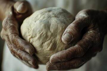 A pair of weathered hands gently cradles a ball of dough, ready for baking.