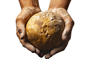 A pair of flour-dusted hands gently cradles a freshly baked, rustic loaf of bread.