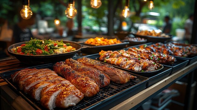 Outdoor BBQ buffet, grilled meats, salads, night market