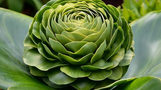 Exotic green succulent showcases intricate rosette pattern in garden setting during daytime