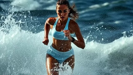 Woman runs through ocean waves at sunset for fitness and fun in a coastal location