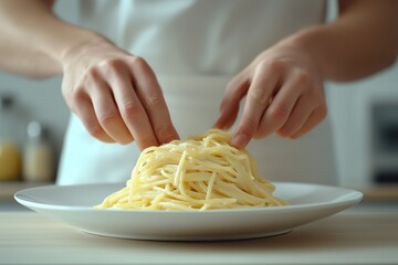 A person delicately plating a mound of creamy spaghetti, showcasing simple elegance in food presentation.