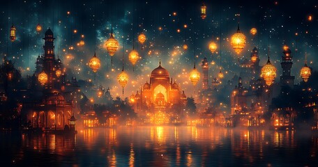 Obraz premium Enchanting Cityscape at Night with Floating Lanterns Over Calm Water