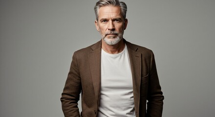 Fototapeta premium A distinguished older man with silver hair and a well-groomed beard, wearing a brown blazer and white t-shirt, exuding confidence and sophistication against a neutral gray background.