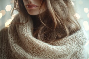 Close-up of a woman's lips and brown hair wrapped in a cozy beige knit scarf.