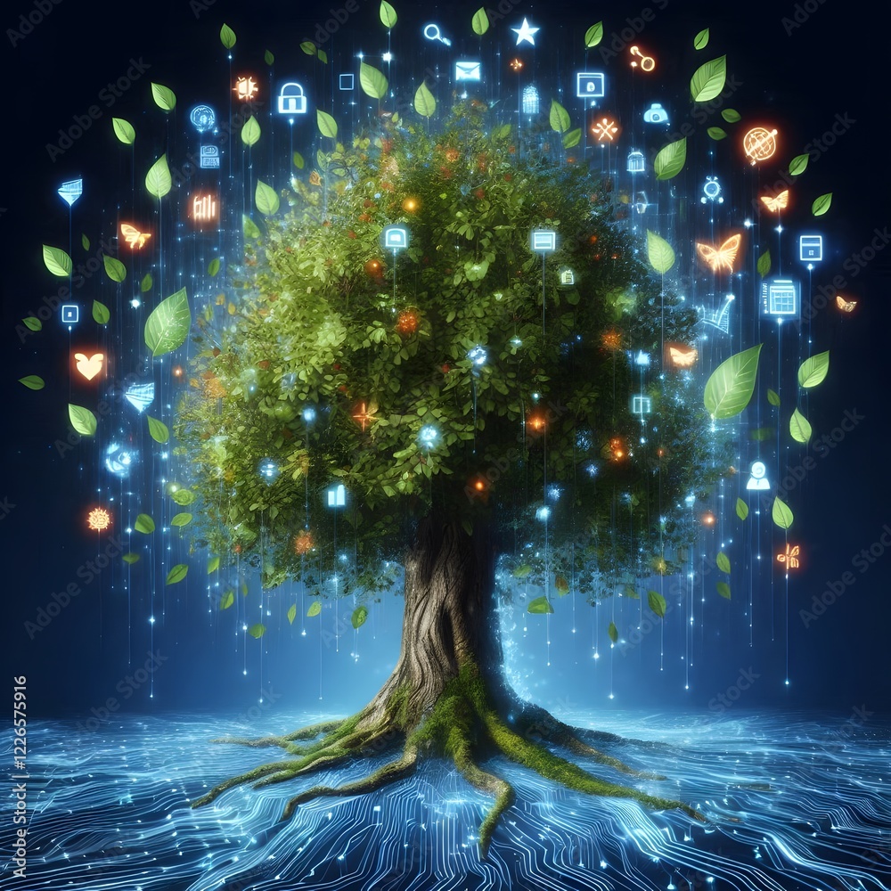 Wall mural a tree with leaves that display live digital data about the environment around it, constantly shifti