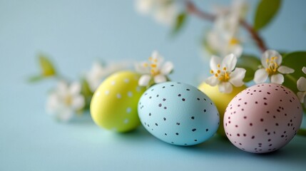 Fototapeta premium Colorful Easter eggs and spring flowers on a blue background, copy space for text
