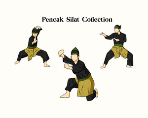 Set of Pencak Silat Indonesian martial art on various style and gesture on white background