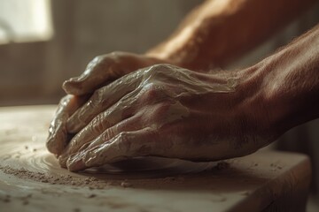 Close-up of hands shaping clay on a pottery wheel, showcasing the artistry and skill involved in pottery making.