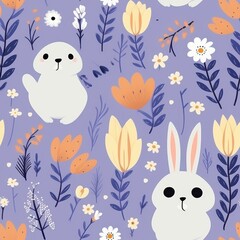 Fototapeta premium Cute risograph rabbit in flat vector art, retro midcentury, kitschy art deco style, ditsy details, lavender background, minimalist design