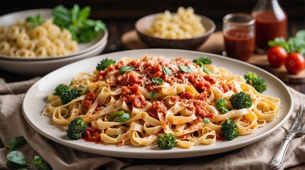 A plate of freshly made pasta drizzled with a flavorful homemade sauce and topped with vibrant seasonal vegetables.